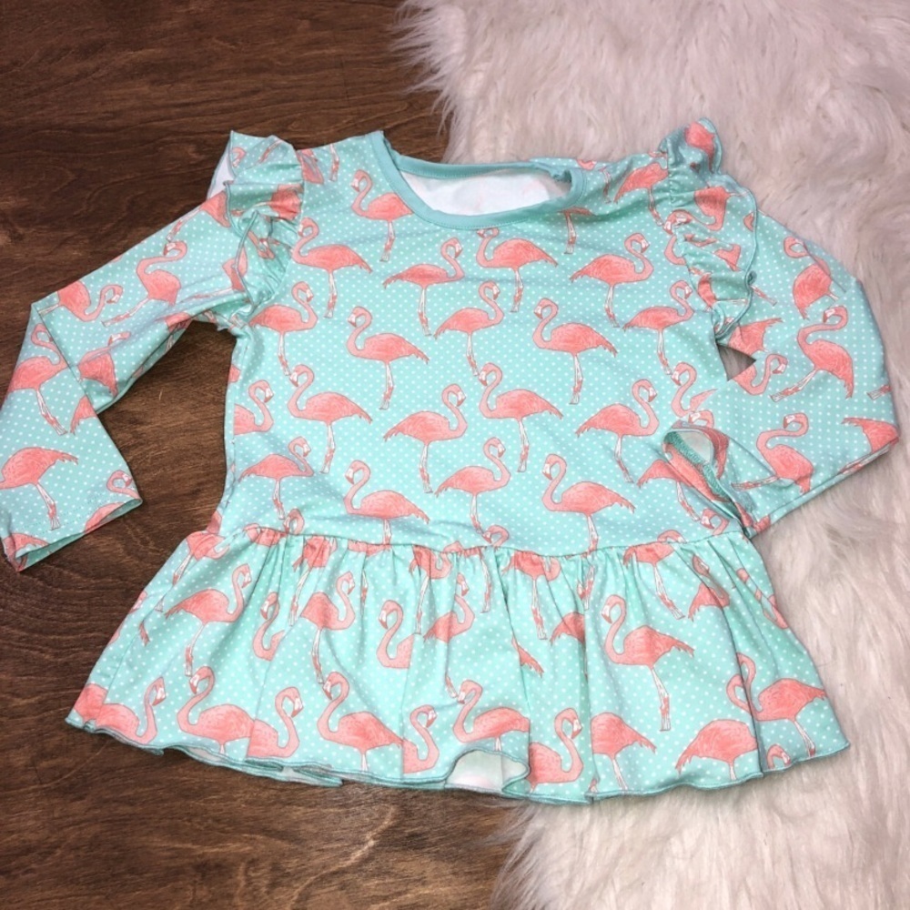 Serendipity By Shrimp & Grits Kids Size 5-6 Little Girls Flamingo Ruffle Top